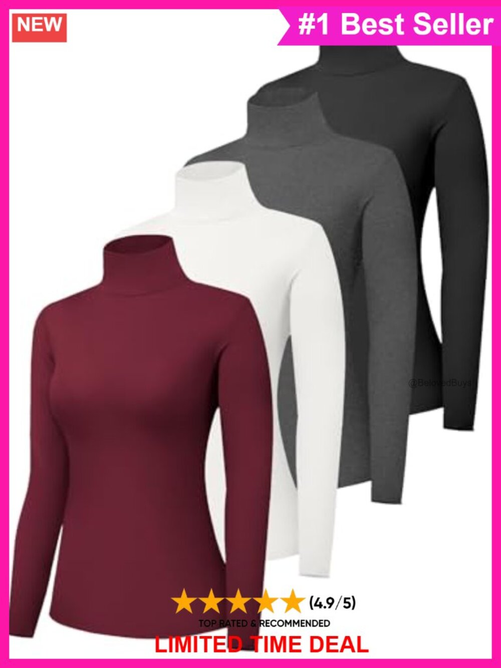 4 Pack Womens Long Sleeve Turtleneck Shirts Slim Fit Pullover Base Layer